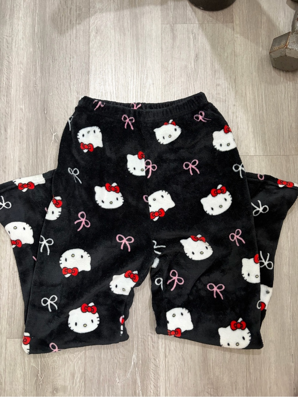 Hello Kitty Black Plush Pajama Bottoms with Red & Pink Accents